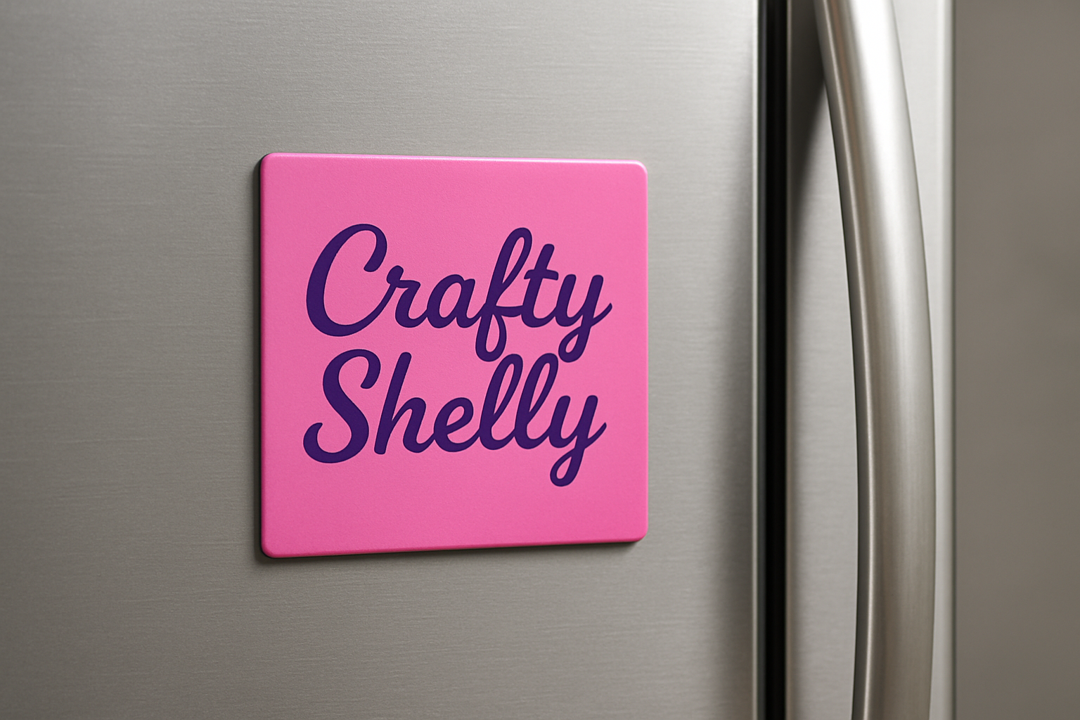 "CraftyShelly" in purple text on pink background,square magnet on silver fridge